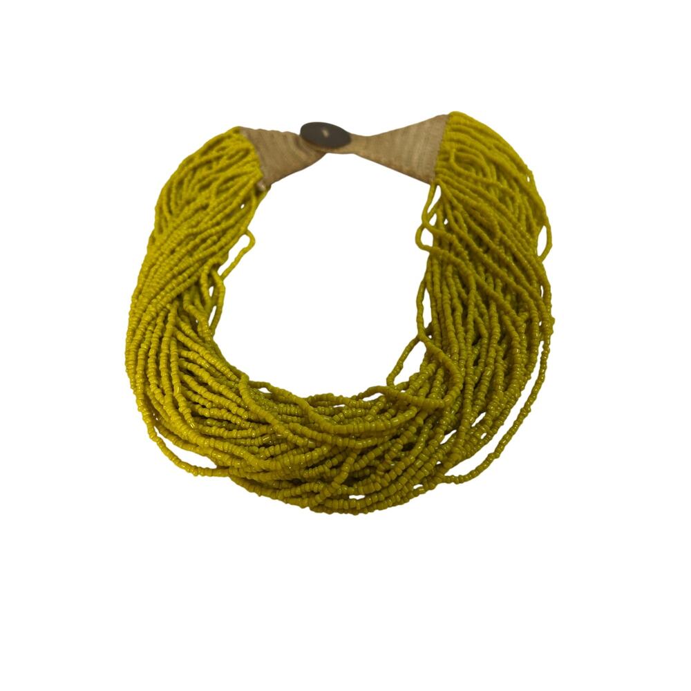 VTG Naga Multi-Strand Seed Bead Necklace Chartreuse Mustard Yellow w Coin Clasp - Picture 2 of 4